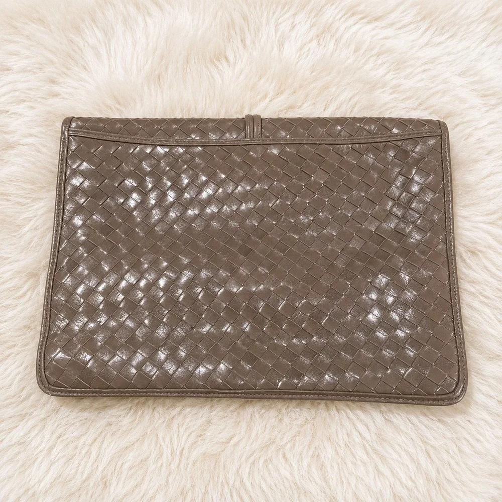 Woven Leather Portfolio Clutch Taupe Twist Lock Vintage Handbag Morris Moskowitz